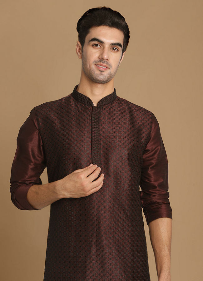 Wine Self Design Kurta With Black Churidar image number 0